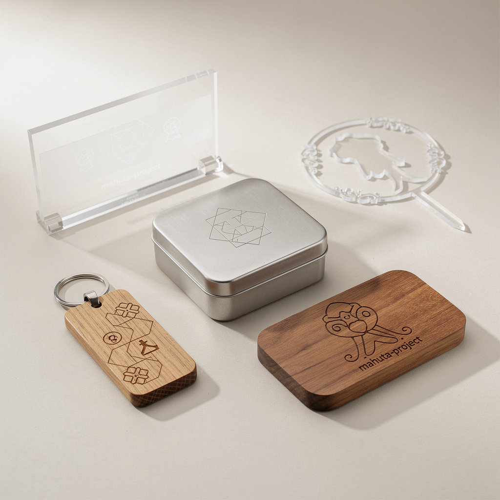 mahuta.project featured laser engraved products including personalized wooden keychains, acrylic plaques, and cake toppers